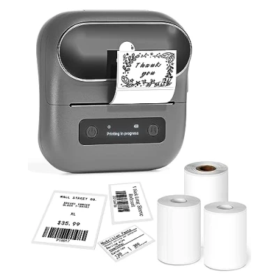 Abbildung von Phomemo M220 Etikettendrucker, Grauer Bluetooth Thermo Etikettendrucker für Barcode, Adresse, Etikettierung, Mailing, Ordneretiketten, Unterstützung mit Phones&amp;PC, 3 Rollen Etiketten