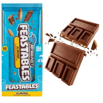 Abbildung von Feastables Mr Beast Almond Milchschokolade mit Mandelstückchen Schokolade Großpackung 10 leckere Schokoladentafeln á 60g Ideal als Geschenk und für Geburtstagsfeiern.