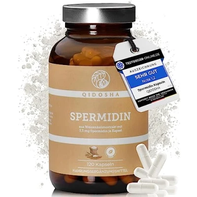 Abbildung von QIDOSHA® Spermidin Kapseln hochdosiert, TESTSIEGER 07/23*, 3,3 mg je Kapsel, 120 Stk im Apothekerglas, Weizenkeim Extrakt (660 mg/Kapsel) als 100% pflanzliche Quelle, vegan