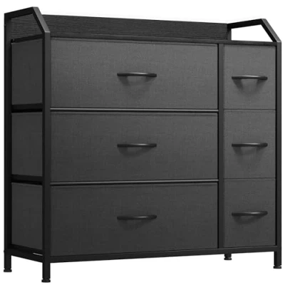 Abbildung von YITAHOME Kommode, 6 Stoffschubladen mit Griffen, Aufbewahrungsschrank, Schubladenschrank, Schrank, Metallgestell, stoffkommode für Schlafzimmer, Wohnzimmer, Flur, Büro, Schwarz Grau