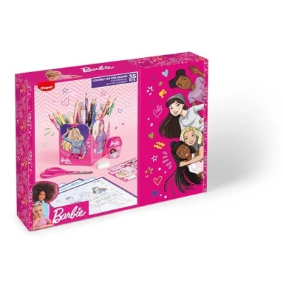Abbildung von Maped Geschenkset zum Ausmalen von Barbie Bleistifte, Filzstifte, Anspitzer, Schere 13 cm, Radiergummi, Sticker, Stifteköcher Offizielles Lizenz
