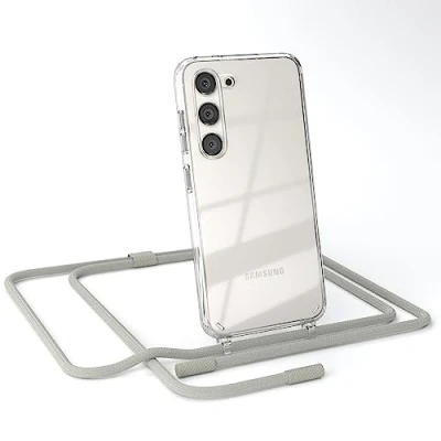 Abbildung von EAZY CASE kombinierbare Handyketten kompatibel mit Samsung Galaxy S23, Transparente Silikon Hülle Umhängeband, abnehmbar durch abschraubbare Endstücke, Band, Schultergurt, Taupe