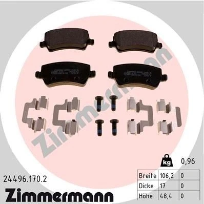 Abbildung von ZIMMERMANN 24496.170.2 Bremsbelagsatz mit Schrauben Foto entspricht Lieferumfang, Feder VOLVO: XC60 I, XC70 II Kombi, V60 I