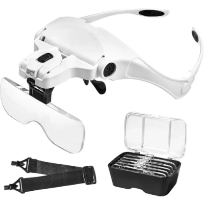 Abbildung von Anpro Lupenbrille Mit Licht LED Kopfbandlupe, Verstellbare Hände Freie Headset Lupe 2 Leichte Stirnband Gläser Für Reparatur, Handwerk, 5 Linsen 1.0X, 1.5X, 2.0X, 2.5X, 3.5X