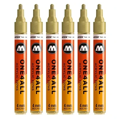 Abbildung von Molotow One4All 227HS Acryl Marker (4,0 mm Strichstärke, hochdeckend und permanent, UV beständig, für fast alle Untergründe) 6 Stück Farbe 228 metallic gold, 1 (6er Pack)