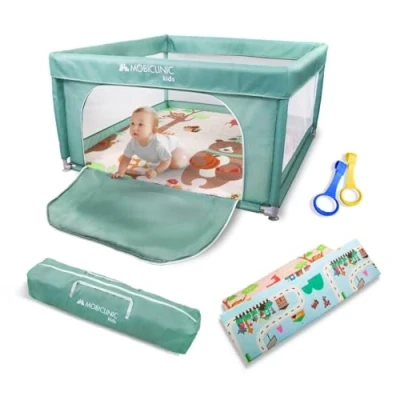Abbildung von Mobiclinic®Kids, Laufstall Baby + Spielmatte, Faltbar, 125X125cm, Tragetasche, Atmungsaktives Netz, Happyland, Geruchloses und Waschbares Gewebe, Sicher, Laufstall, Seiteneingang