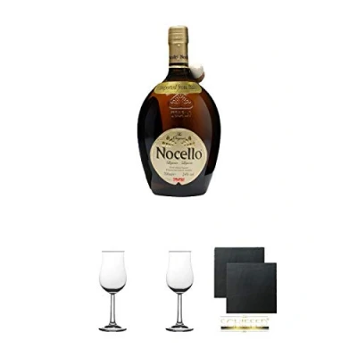 Abbildung von Toschi Nocello Nusslikör 0,7 Liter + 2 Bugatti Nosing Gläser mit Eichstrich 2cl und 4cl Schiefer Glasuntersetzer eckig ca. 9,5 cm Ø