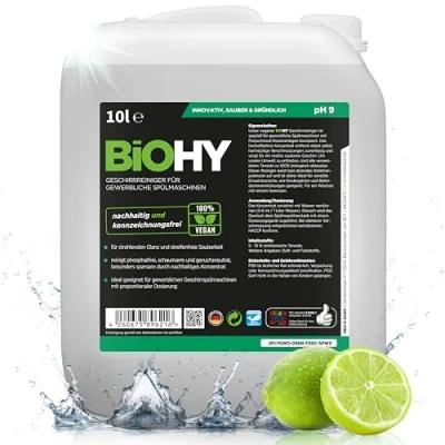Abbildung von BiOHY Geschirrreiniger für gewerbliche Spülmaschinen (10 Liter Kanister) Maschinenspülmittel Geschirr ergiebig, flüssig &amp; phosphatfrei Gastro Gewerbe Spülmaschinenreiniger