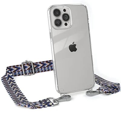 Abbildung von EAZY CASE Handykette Flexibler Trageriemen kompatibel mit iPhone 13 Pro Max, Schultergurt zum Umhängen, Riemen, Band austauschen, Wechselgurt, Blau/Weiß Metall Silber
