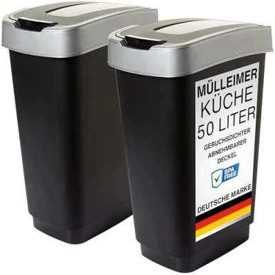 Abbildung von 2friends Mülleimer 2 50L Abfalleimer mit Schwingdeckel, aus Kunststoff, Farbe Schwarz/Silber