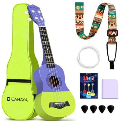 Abbildung von CAHAYA Sopran Ukulele mit Gigbag für Kinder Anfänger: Linde Material Geared Machine, Gurt, Noten, Saiten, Reinigungstuch, 4 Plektren, 21 Zoll Lila Grün