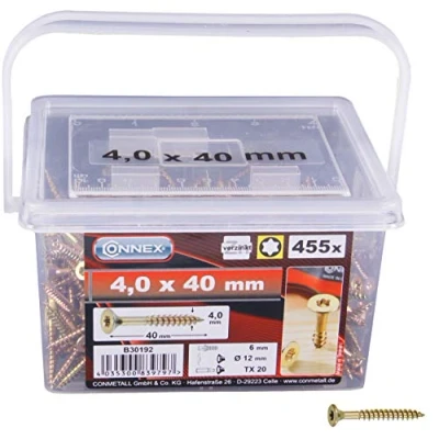 Abbildung von Connex Universalschrauben 4,0 x 40 mm 455 Stück im Set Senkkopf TX Antrieb Teilgewinde Gelb verzinkt / Schrauben Eimer B30192