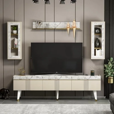 Abbildung von KARYA Wohnwand Wohnzimmer TV Set Schrank Lowboard Fernsehtisch Möbel mit 3 Türen in modernem Design (Beige/Marmor)