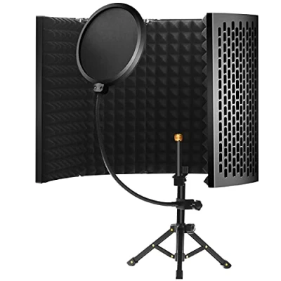 Abbildung von Mikrofon isolation Schallschutz mit Stativ, 5 Seiten Faltbar Absorbierender Schaumschicht Micscreen Aufnahmestudio Aufnahmen vocal booth shield Passend Für Blue Yeti