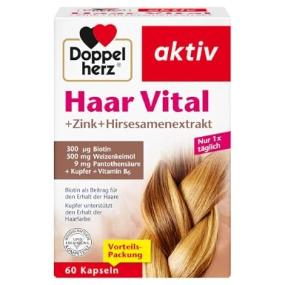 Abbildung von Doppelherz Haar Vital + Zink Hirsesamenextrakt mit Biotin als Beitrag für den Erhalt normaler Haare Kupfer unterstützt der normalen Haarfarbe 60 Kapseln