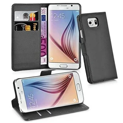 Abbildung von Cadorabo Hülle kompatibel mit Samsung Galaxy S6 Handyhülle aus Premium Kunst Leder Flip Klappbare Stoßfeste Magnetische [Standfunktion] [Kartenfächern] Cover für Tasche in Schwarz
