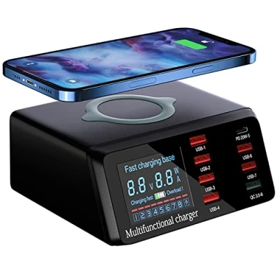 Abbildung von 100W Multi USB Ladestation, Ladegerät Mehrere Geräte mit LED Bildschirm Wireless Schnell Charger Induktives 8 Port 18W QC3.0 und 20W PD Schnellladungsport für iPhone Samung