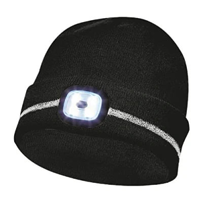 Abbildung von Gebol LED Haube Schwarz Stirnlampe auf Strickmütze Beanie mit Reflexionsstreifen USB Anschluss zum Aufladen 60 Minuten Leuchtdauer 4 Leuchtstufen Unisex 1 Stück