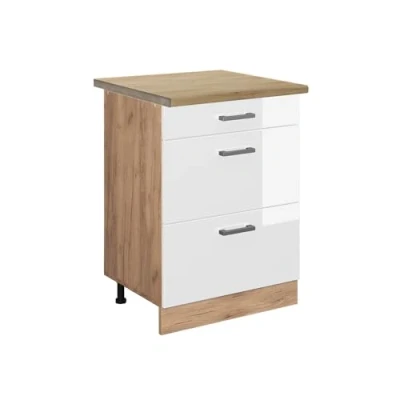 Abbildung von Vicco Küchenunterschrank R Line, Weiß Hochglanz/Goldkraft Eiche, 60 cm mit Schubladen, AP Eiche