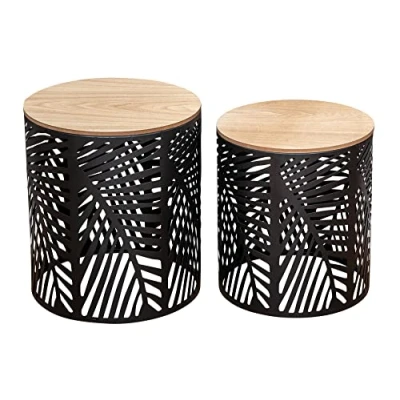 Abbildung von levandeo 2er Set Beistelltische Schwarz Metall Holz Rund Couchtisch Industrial Sofatisch Ablage Design Deko Tisch