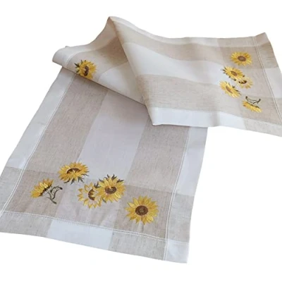 Abbildung von matches21 Tischläufer Mitteldecke Sonnenblumen Streifen beige Bunte Stickerei Tischwäsche 1 STK 40x140 cm Leinenoptik