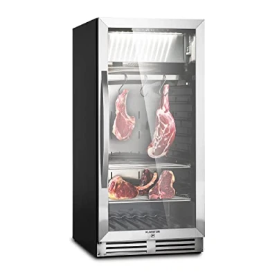Abbildung von Klarstein Kühlschrank, Reifeschrank für Dry Aged Beef, 1 Zonen Kühlschrank mit Glastür, In und Outdoor LED Beleuchtung, Freistehend oder Einbaukühlschrank, Temperaturbereich 25 C, 233 L