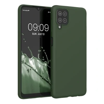 Abbildung von kwmobile Hülle kompatibel mit Samsung Galaxy A12 weiches TPU Silikon Case Cover geeignet für kabelloses Laden Dunkelgrün matt