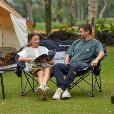Abbildung von KingCamp Doppelter Campingstuhl Faltbar XXL 300 kg Belastbar, für 2 Personen, Hochlehner Gepolstert Ergonomisches, Luxus Klappstuhl Camping, Garten, Angeln, Balkon, Outdoor