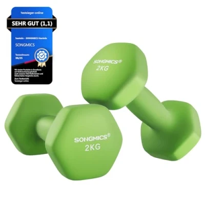 Abbildung von SONGMICS Hanteln, 2er Set, 2 x kg, Hantelset, Kurzhanteln, Hexagon, Neopren Beschichtung, Krafttraining, Workout, Fitnesstraining, für Zuhause, limonengrün SYL904C01