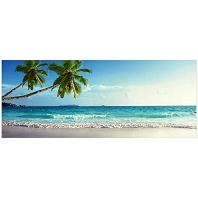 Abbildung von Wallario selbstklebendes Poster Sandstrand auf den Seychellen Urlaub unter Palmen, Aufkleber in Premiumqualität, Klebefolie Größe: 80 x 200 cm XXL