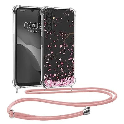Abbildung von kwmobile Necklace Case kompatibel mit Samsung Galaxy A14 5G Hülle Silikon Cover Handykette Rosa Dunkelbraun Transparent Kirschblütenblätter