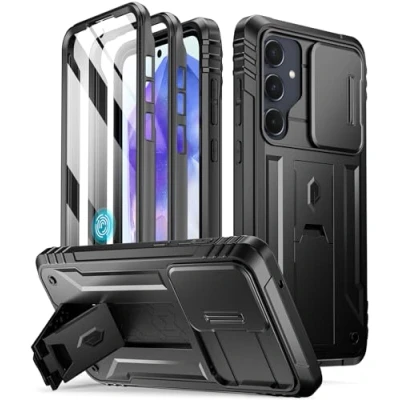 Abbildung von POETIC Revolution Hülle für Samsung Galaxy A55 5G, [Schiebe Kameraabdeckung] Robuste, stoßfeste Handyhülle in Militärqualität mit Ständer, Schwarz