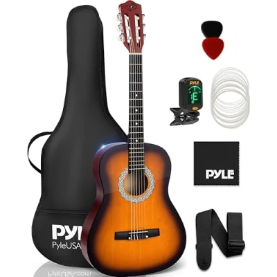 Abbildung von Pyle Gitarre Kinder ab 8 Jahre Guitar Acoustic with Strings, Anfänger 3/4, Konzertgitarre, Klassische für &amp; Fortgeschrittene, mit Stimmgerät und Set, Handgemacht aus Holz