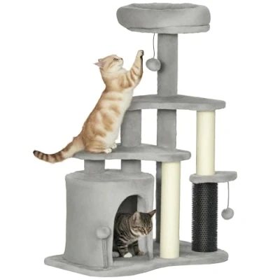 Abbildung von PawHut Kratzbaum 87 cm, mit Katzenhöhle, Bett, Spielbälle, Sisal Kratzsäulen, für Katzen bis 5 kg, Hellgrau