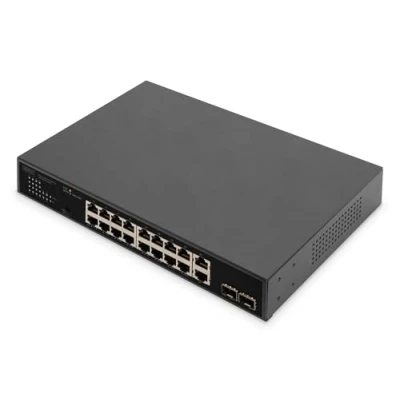 Abbildung von DIGITUS 20 Port Gigabit Ethernet PoE Netzwerk Switch 16x RJ45 + 2x Kombi 19 Zoll 185W Budget 10/100/1000 Mbps
