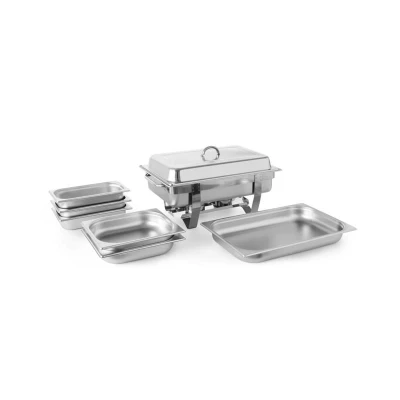 Abbildung von HENDI Chafing Dish Set GN 1/1 inkl. 2x 1/2 + 3x 1/3 Behälter 65 mm, für Brennpaste, 58 x 38 31 cm Edelstahl Speisewärmer