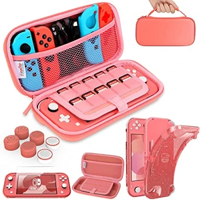 Abbildung von HEYSTOP Tasche für Nintendo Switch Lite,Kristall TPU Hülle Lite Zubehör,Switch Case mit Displayschutzfolie und Daumenkappen Konsole,Rosa