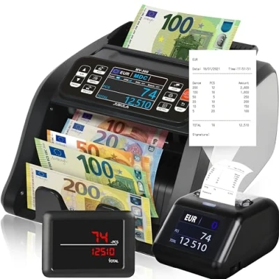 Abbildung von Jubula Banknotenzähler MV 300 + Thermodrucker MPR 1, EUR USD GBP, Geldzählmaschine für gemischte Geldscheine, Exakt