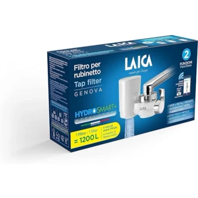 Abbildung von LAICA Genova Wasserfilter Wasserhahn mit HYDROSMART System + Metal Stop Filter, Kapazität 1200 l, 5 Adapter, entfernt Mikro Kunststoffe, Chlor Schwermetalle aus dem