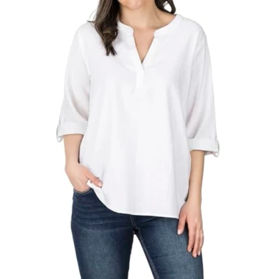 Abbildung von DENIMFY Hemdbluse Damen Leinen Bluse DFSara Regular Fit Tunika mit V Ausschnitt und Serafino Kragen