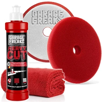 Abbildung von Garage Freaks Step 1 Heavy Cut Set Schleifpolitur 250ml Foam Pad + Edgeless Superflausch Mikrofaser Poliertuch 40x40cm, 550GSM