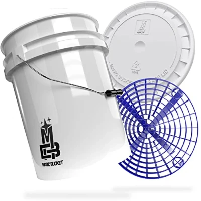 Abbildung von MAGIC BUCKET Auto Handwäsche Bundle Wascheimer Mit passendem Eimer Deckel 5 US GALLONEN ca. 20 Liter Grit Guard Eimereinsatz Schmutzsieb Waschset Weiß/Blau