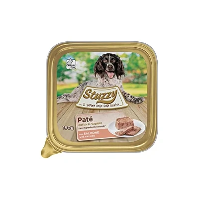 Abbildung von Stuzzy Mister, Nassfutter für Erwachsene Hunde, Lachs, Pastete und Fleisch in Stücken, insgesamt 3,3 kg (22 Becher x 150 g)