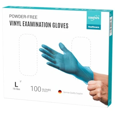 Abbildung von EUROPAPA® 100x Vinylhandschuhe Einweghandschuhe Untersuchungshandschuhe Einmalhandschuhe latexfrei puderfrei Vinyl Handschuhe in Gr. S, M, L &amp; XL verfügbar (Transparenz, L)