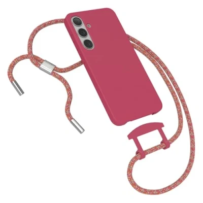 Abbildung von EAZY CASE Hülle mit Band kompatibel Samsung Galaxy S24 Plus Handyhülle für Silikonhülle Mikrofaser stoßfest Fallschutz Handykette zum Umhängen 2in1 Schutzhülle Beeren Rot