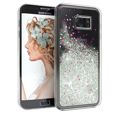 Abbildung von EAZY CASE Hülle kompatibel mit Samsung Galaxy S7 Edge Schutzhülle Flüssig Glitzer, Handyhülle, Schutzhülle, Back Cover Glitter Flüssigkeit, aus TPU/Silikon, Transparent/Durchsichtig, Silber