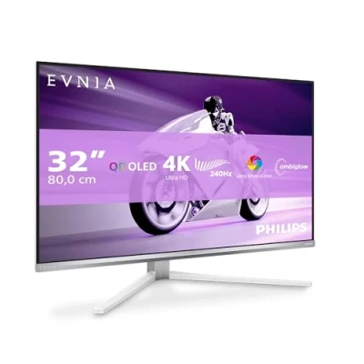 Abbildung von PHILIPS Evnia 32M2N8900AM 32 Zoll UHD OLED Gaming Monitor, 240 Hz, 0.03 ms, HDR400, FreeSync Prem. Pro, G Sync comp., Ambiglow (3840x2160, 2X HDMI 2.1, 1x DP 1.4, USB C (90W PD), Hub) Weiss
