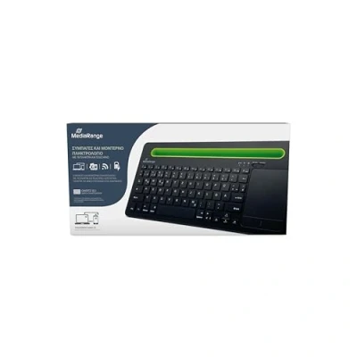 Abbildung von MediaRange kompakte Multi Pairing Funk Tastatur mit 78 Tasten und Touchpad, QWERTZ (EL) Tastaturbelegung, schwarz/grün
