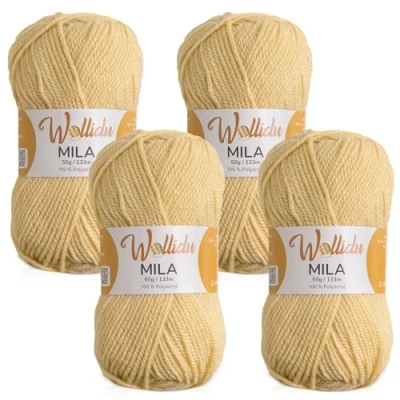 Abbildung von Wollidu Mila Garn zum Häkeln und Stricken 4 x 50g/133m Strickgarn 100% Polyacryl Häkelgarn Sand