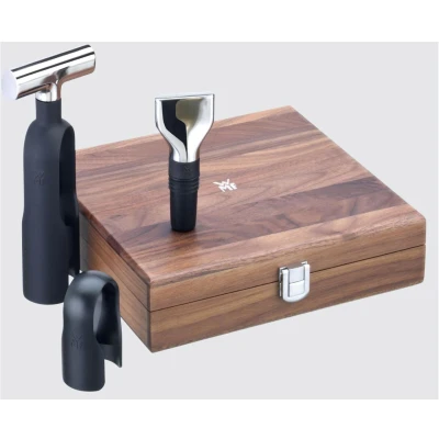 Abbildung von WMF Baric Sommelier Weinset 3 teilig, Korkenzieher, Folienschneider, Flaschenverschluss, in Walnussholzbox, schwarz